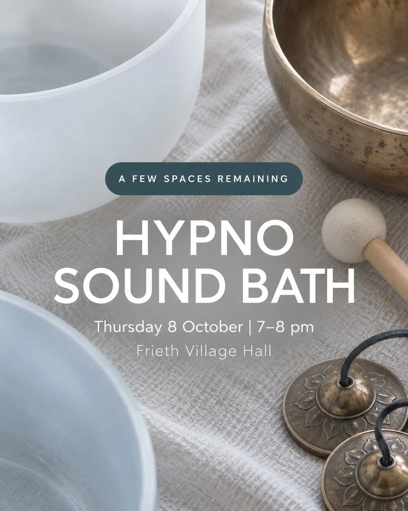 A few spaces are still available for my Hypno Sound Bath on Thursday 8 October.

It&rsquo;s an hour to pause and reset, combining guided hypnosis, breathing, focused attention and therapeutic sound to help calm and regulate the nervous system.

Every