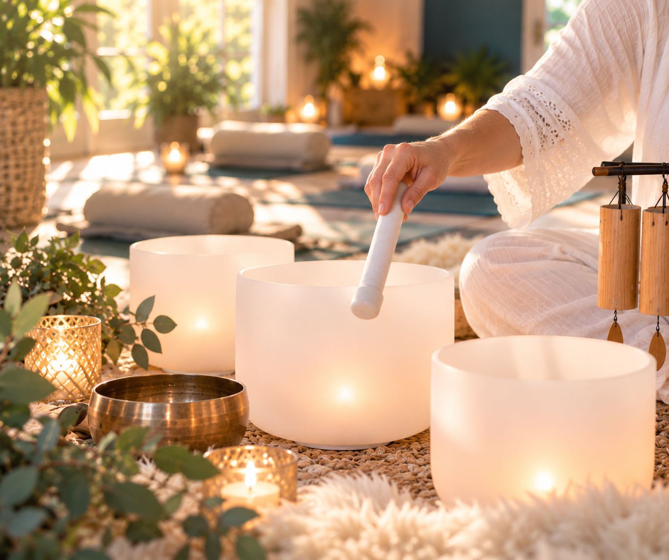 Crystal singing bowls during a Hypno Sound Bath near Henley-on-Thames and Marlow