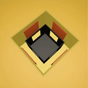 Interior of a small, empty room with black walls, beige windows, and a gray floor, viewed from above.