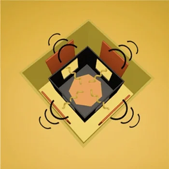 An illustration of a shaking house inside a square base with motion lines around it.