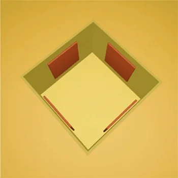 A 3D isometric view of a small, empty room with green walls, red window or door frames, and a beige floor, set on a yellow background.