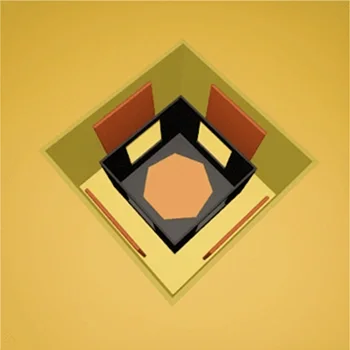 A 3D isometric illustration of a small black and beige house with a pentagon-shaped roof, surrounded by a green yard with fences.