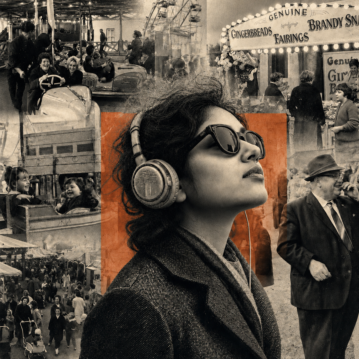 Image of young women wearing headphones, over a montage of vintage black and white photos of Portland Fair. 