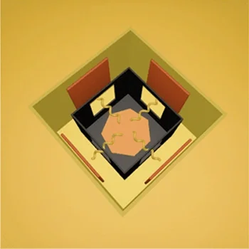 Isometric view of a small room with black walls, yellow furniture, and a beige floor. The room contains a yellow table and chairs positioned in the center.