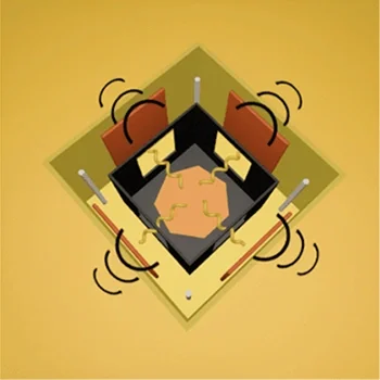A minimalistic illustration of a square with four ears and a face, surrounded by lines indicating shaking or movement, on a yellow background.