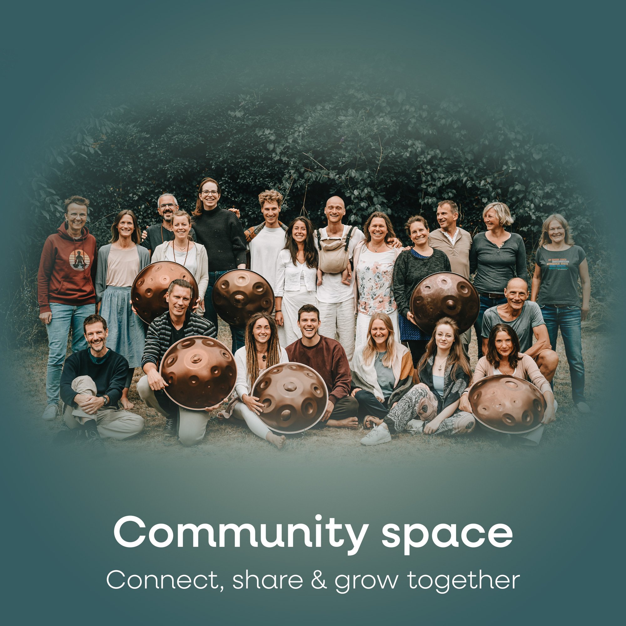 A group of people standing outdoors, some holding musical instruments resembling steel drums, smiling at the camera, with greenery in the background, promoting community connection.