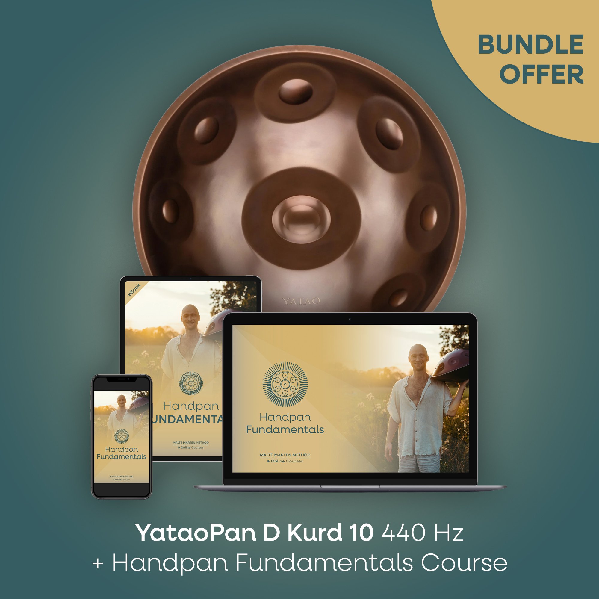 Digital advertisement for a bundle offer on a course called 'Handpan Fundamentals' featuring a man holding a handpan instrument, displayed on multiple devices including a smartphone, tablet, and laptop, with a large handpan instrument in the background and a gold circle in the top right corner highlighting the offer.