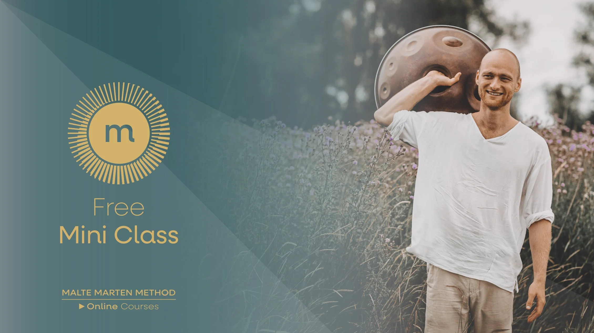 Malte Marten smiling man carrying a large metal object on his shoulder outdoors in a field with flowers, promoting a free mini class on the Malte Marten Method with online courses.