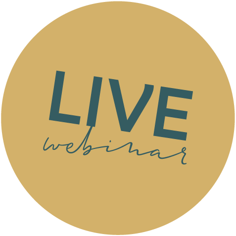 A circular badge with a beige background, featuring the words 'LIVE webinar' in dark teal lettering.