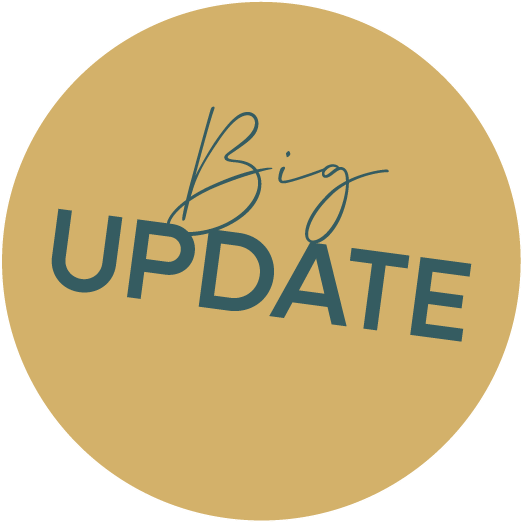 Brown circular badge with the words "Big UPDATE" written on it, "Big" in handwritten script and "UPDATE" in bold uppercase letters.