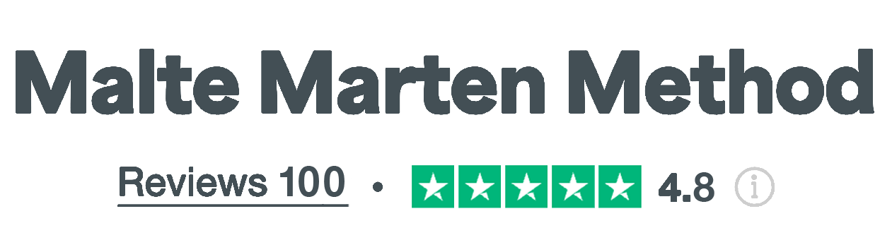 Brand logo with text "Malte Marten Method", review count 100, four and a half stars rating 4.8 on a dark background.