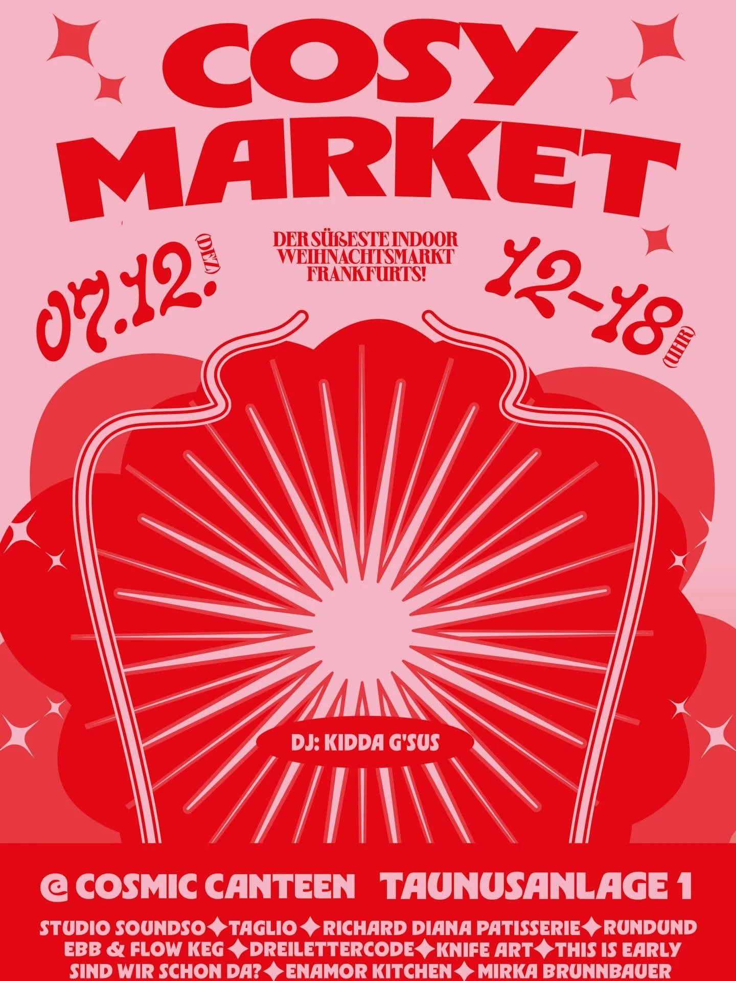 Am Sonntag den 7.12. bin ich auf dem Cody Market Weihnachtsmarkt in der Cosmic Canteen @cosmic.ffm bei der Taunusanlage. Ich freue mich euch bei leckerem Essen, Trinken, Musik und Kunst zu sehen