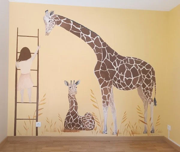 Fresque girafe, fresque savane, fresque chambre enfant, peinture murale, angel fait le mur, peintre muraliste, fresco, muralart