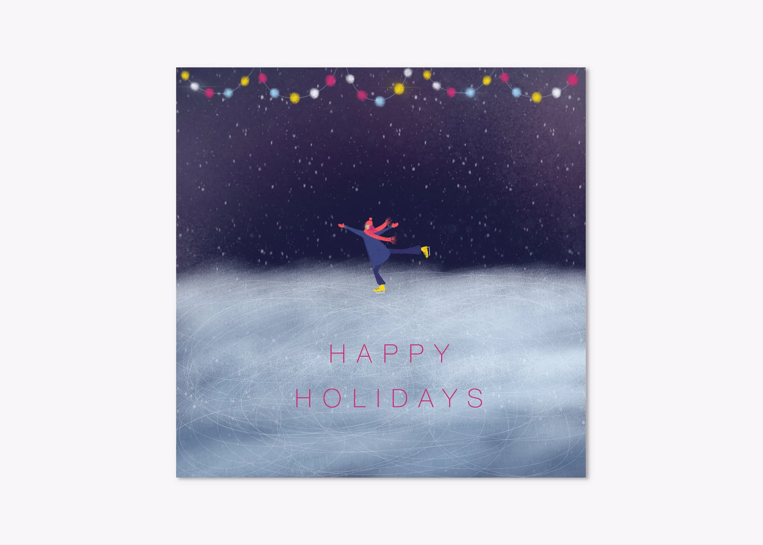 happy holidays card, girl on the ice rink