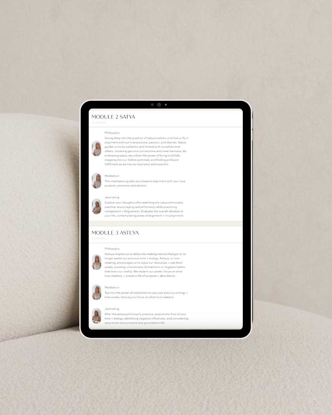 Tablet displaying course modules on a light beige fabric surface.