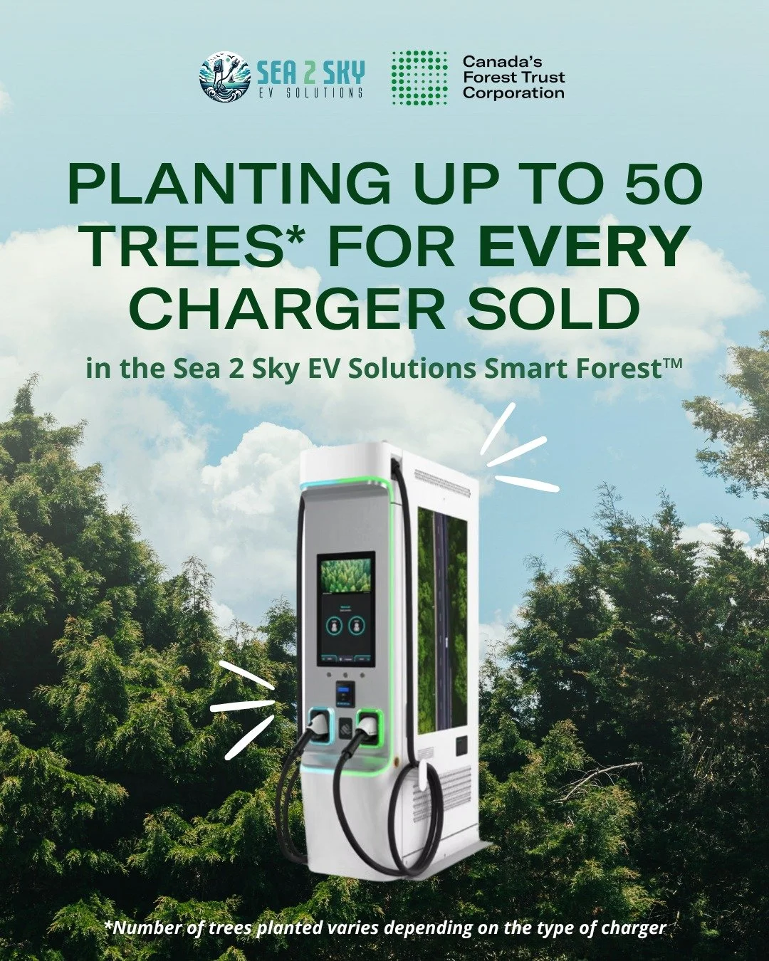 @sea2sky_ev and @canadasforest are proud to announce the launch of the Sea 2 Sky EV Solutions Smart Forest&trade;. Together, we're planting up to 50 trees for every charger sold.

Visit @sea2sky_ev's link in bio to learn more about the Sea 2 Sky EV S