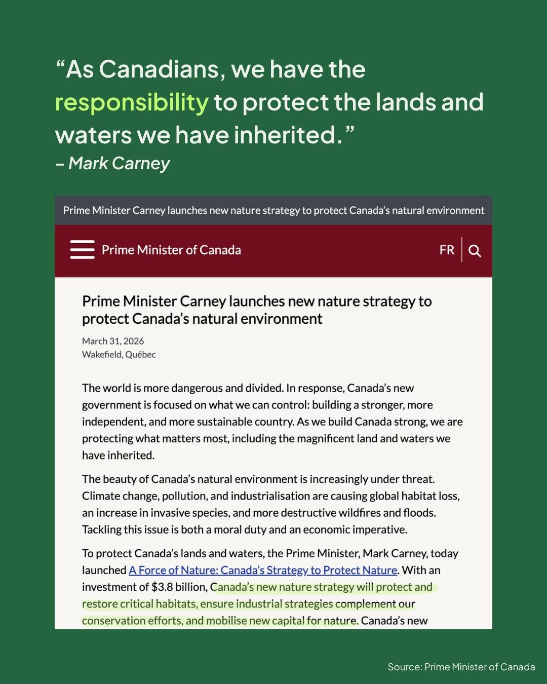 At Canada's Forest Trust Corporation, we have long believed that nature is one of our country's greatest strengths. We applaud today's announcement where Canadian Prime Minister Mark Carney unveiled a new strategy to protect our natural environment: 