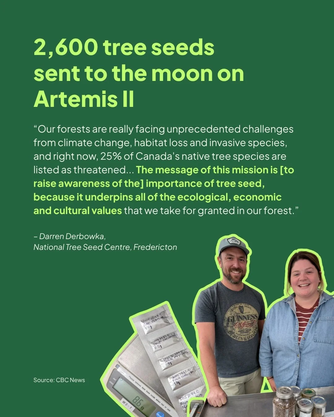Last week, 2,600 seedlings were sent to the moon on Artemis II. The five species chosen represent different ecological niches and the ecological, economic, and cultural importance of tree seed.🌲

Swipe to learn more. 👉

#seedlings #space #artemisii