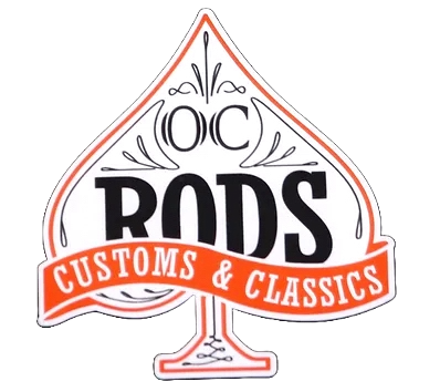 Logo for OC RODS Customs & Classics featuring a stylized ace of spades with the text 'OC RODS' and 'Customs & Classics' on a banner