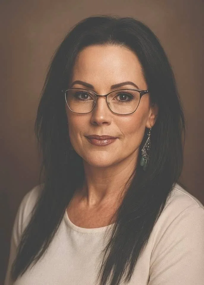 A woman with curly brown hair, wearing glasses and a black top, smiling against a brown background.