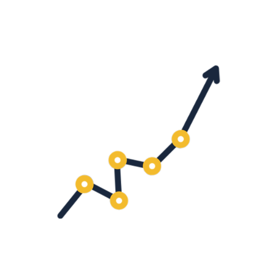 Line graph showing stock market trends with a blue upward trend line and yellow dots marking data points.
