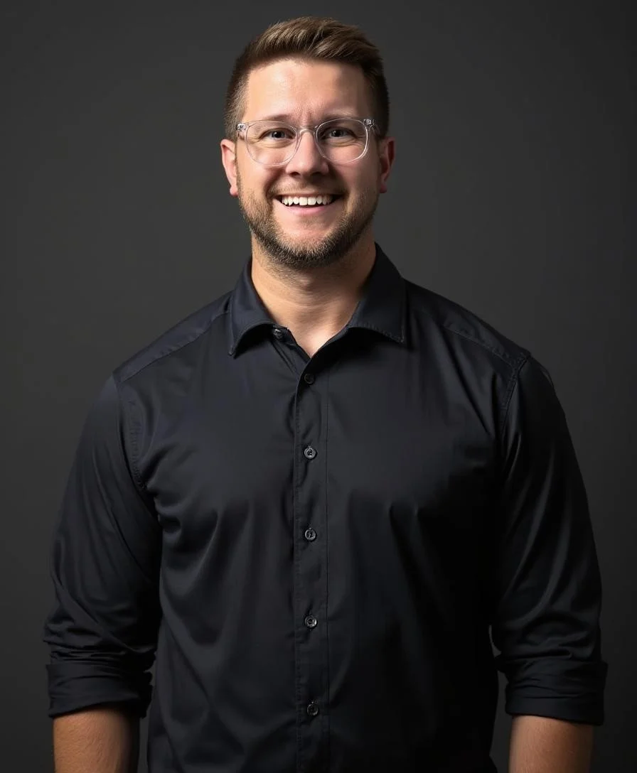 A young man with short brown hair, glasses, and a light beard, smiling in a dark suit, white shirt, and light-colored tie, against a plain white background.