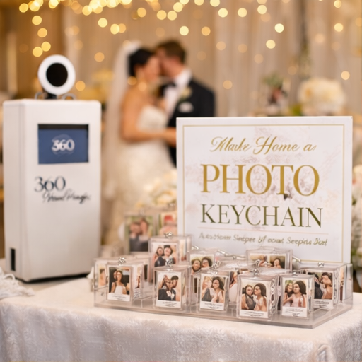 Brown leather-bound photo booth keychain that opens to reveal a hidden four-photo film strip