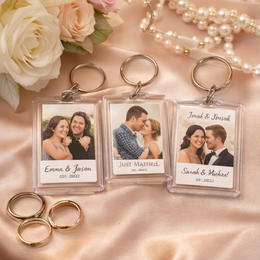 Miniature photo booth strip keychain in a protective plastic sleeve with a silver metal ring attachment.