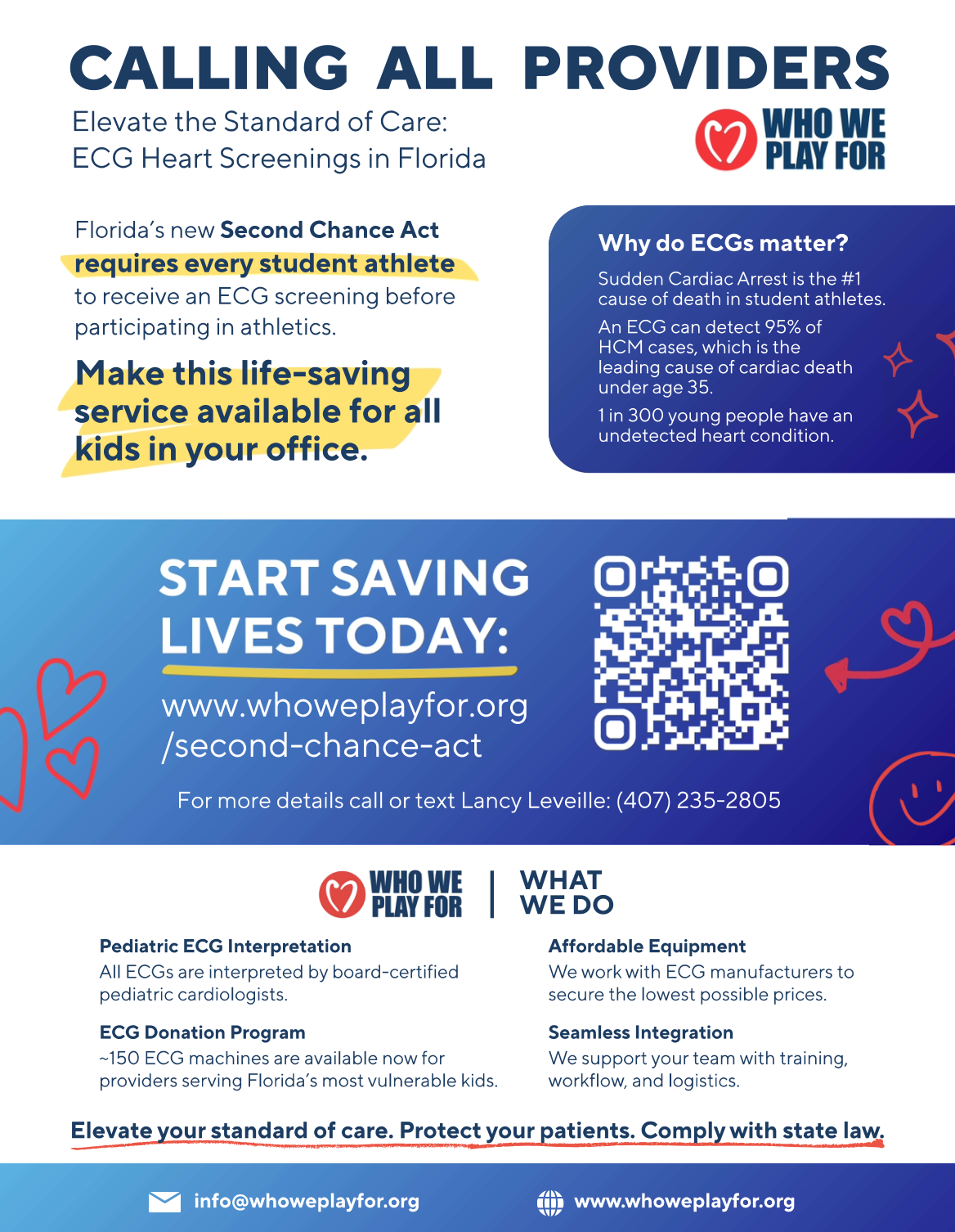 A flyer promoting ECG heart screenings for kids in Florida, emphasizing the importance of ECGs, with a QR code and contact information for scheduling screenings.