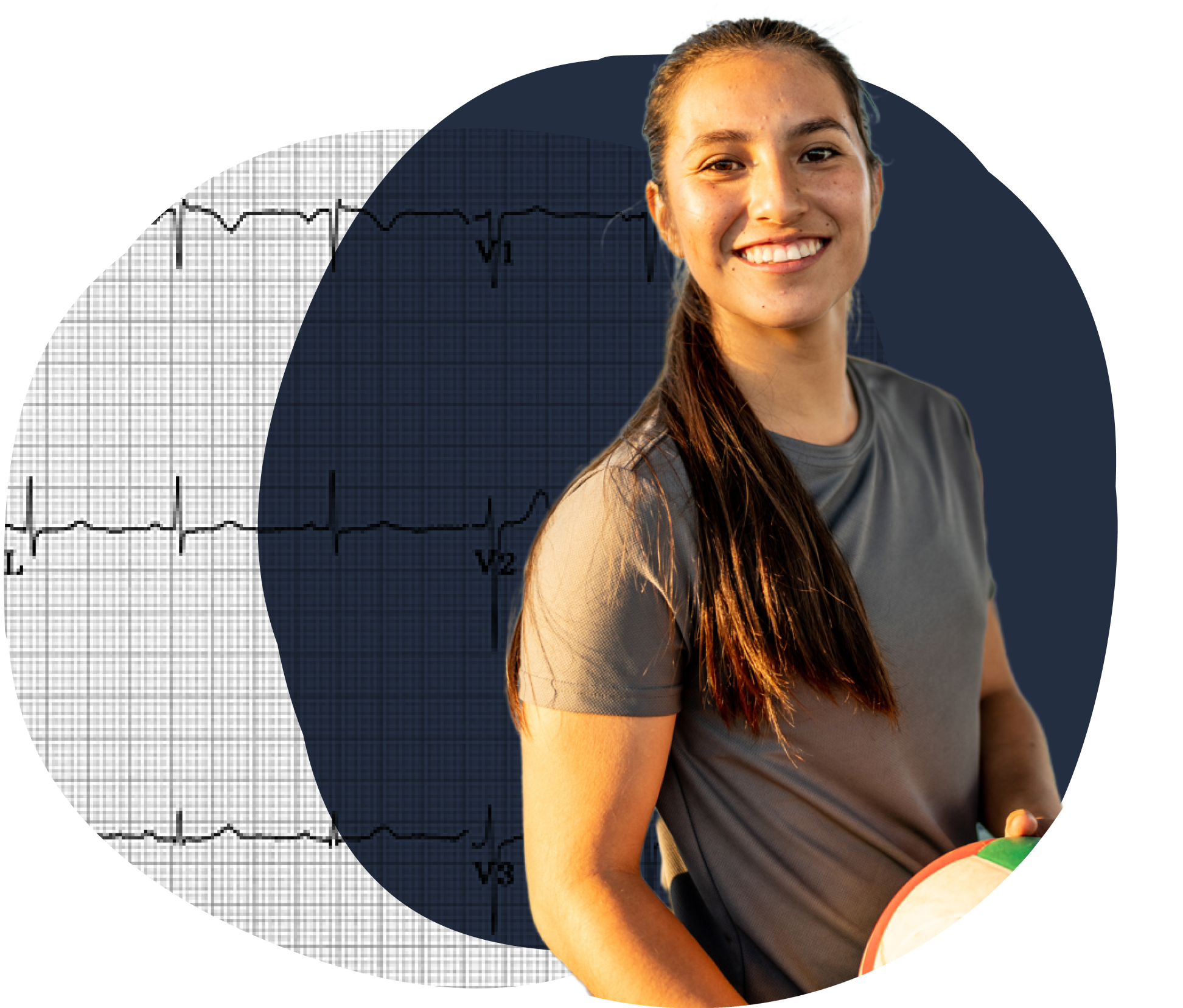 A smiling young woman with long brown hair wearing a gray athletic shirt, holding a tennis racket, standing in front of an abstract background featuring an electrocardiogram.