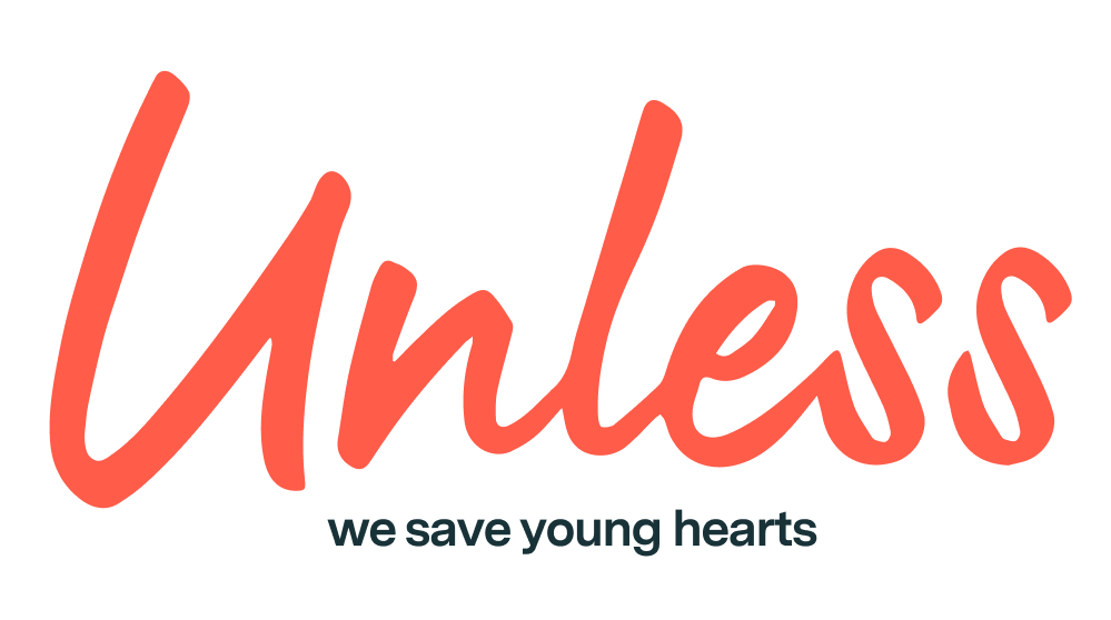 Logo for Unless, a charity that says 'we save young hearts' with the word 'Unless' in cursive red font and the slogan below in smaller dark blue text.