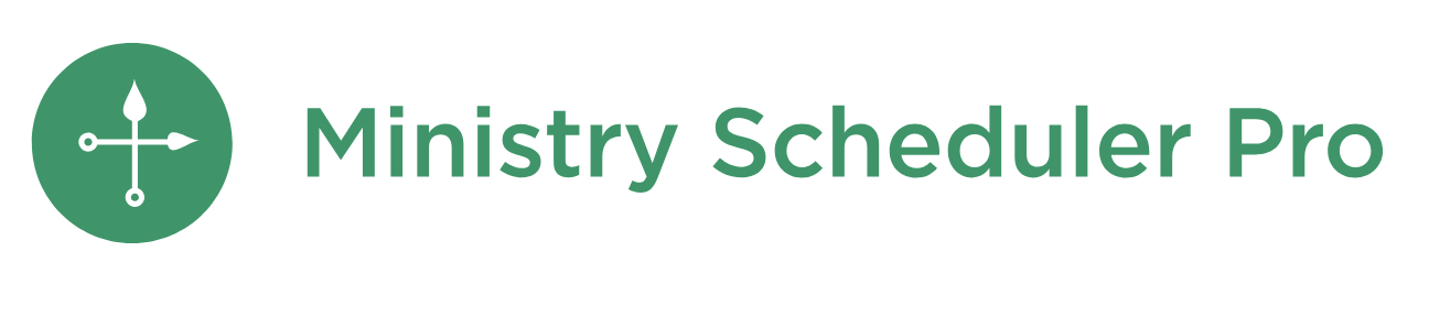 Ministry Scheduler Pro logo with a green icon of a directional arrow inside a circle, and the text "Ministry Scheduler Pro" in green.