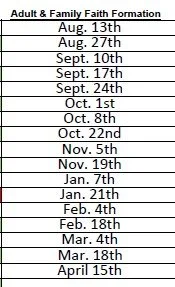 List of dates for adult and family faith formation sessions, spanning from August 13th to April 15th.