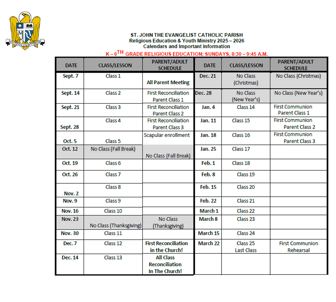 Church religious education calendar with scheduled classes, parent meetings, and holiday breaks for St. John The Evangelist Catholic Parish, from September to March, including Christmas, New Year's, Thanksgiving, and First Communion events.