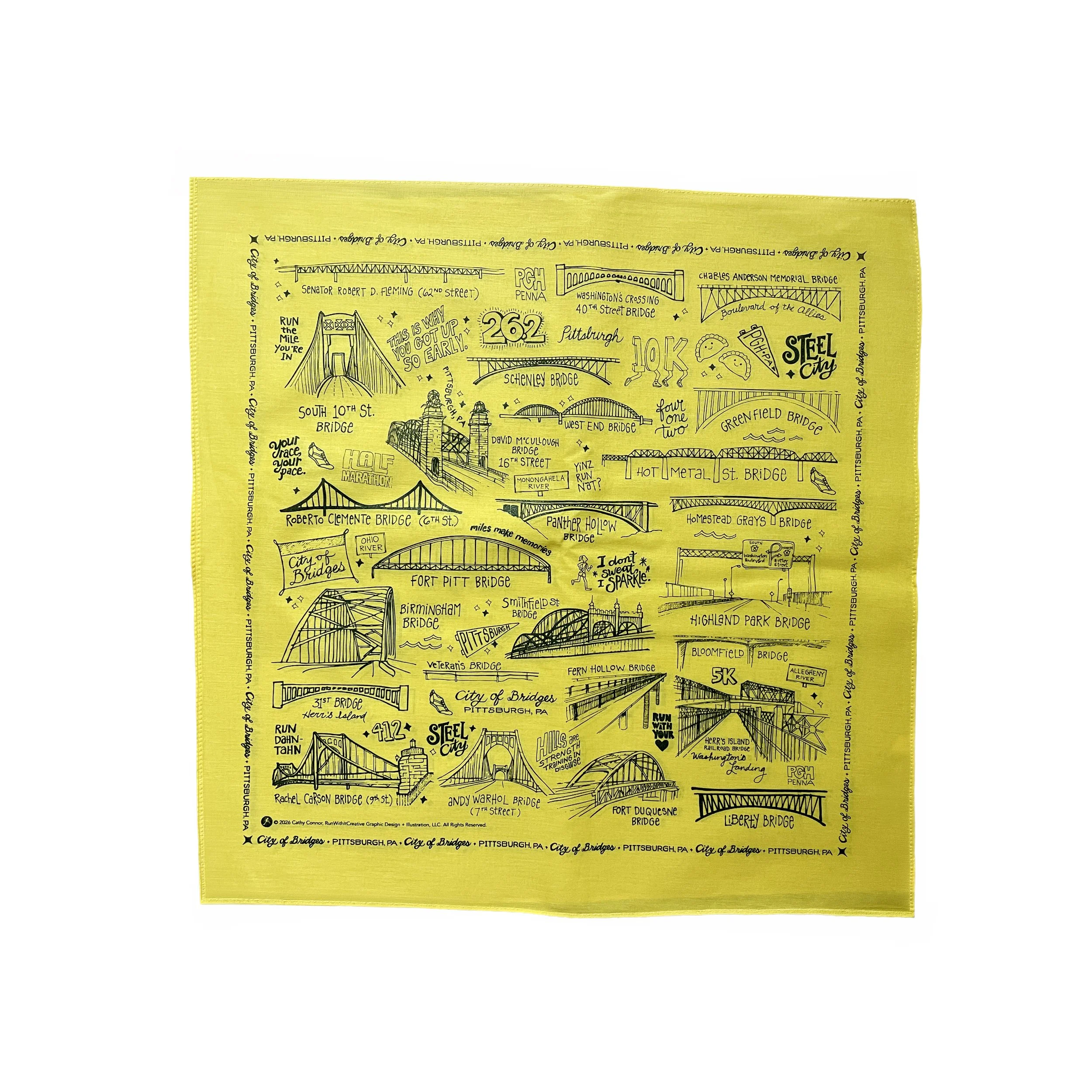 City of Bridges Bandana – Pittsburgh Running Bandana, 100% Cotton Gold Bandana, Runner Gift, Steel City Bridges Illustration
