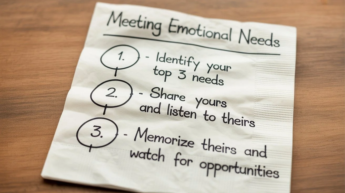 Napkin with handwritten explanation of meeting emotional needs through better communication.