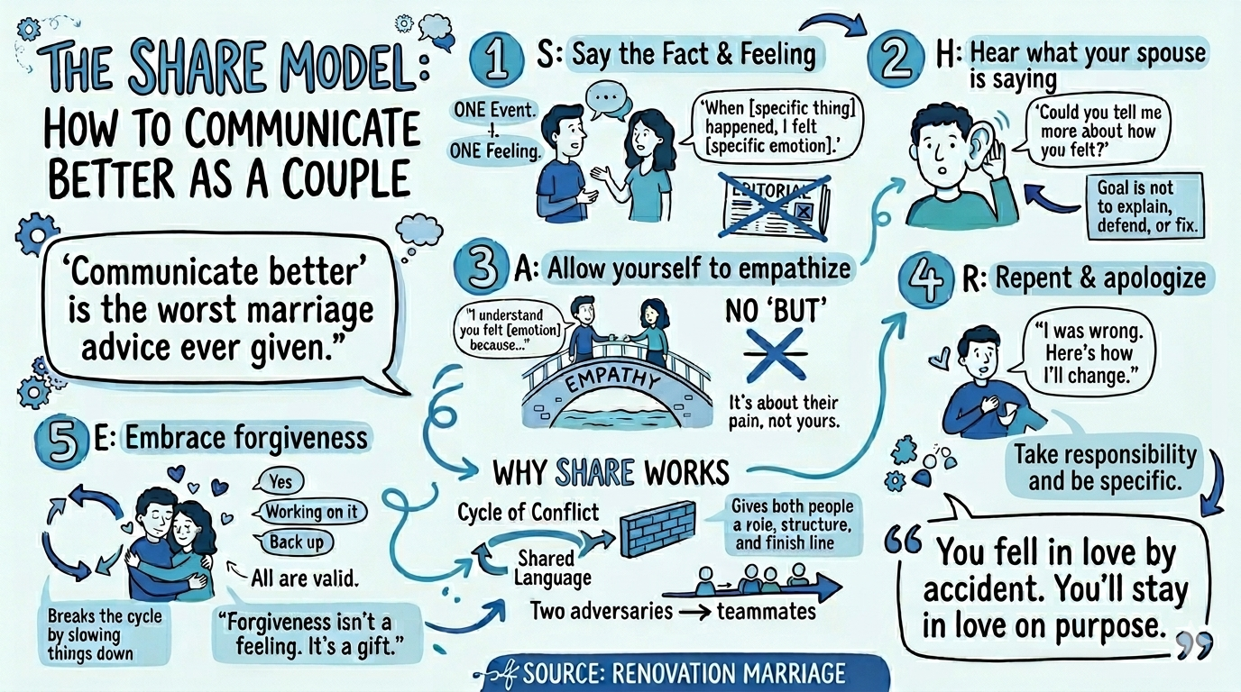 A 5-step framework called the SHARE Model that gives couples a completely different way to talk about hurt.