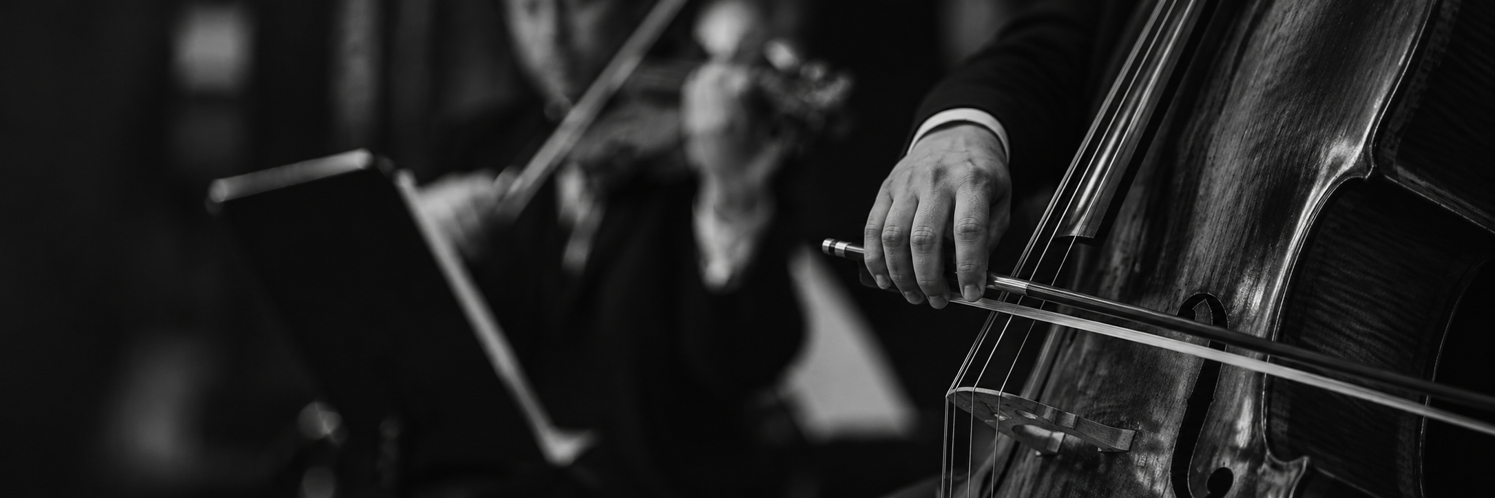 A black and white photo of a person playing a double bass, with their hand on the strings and bow.