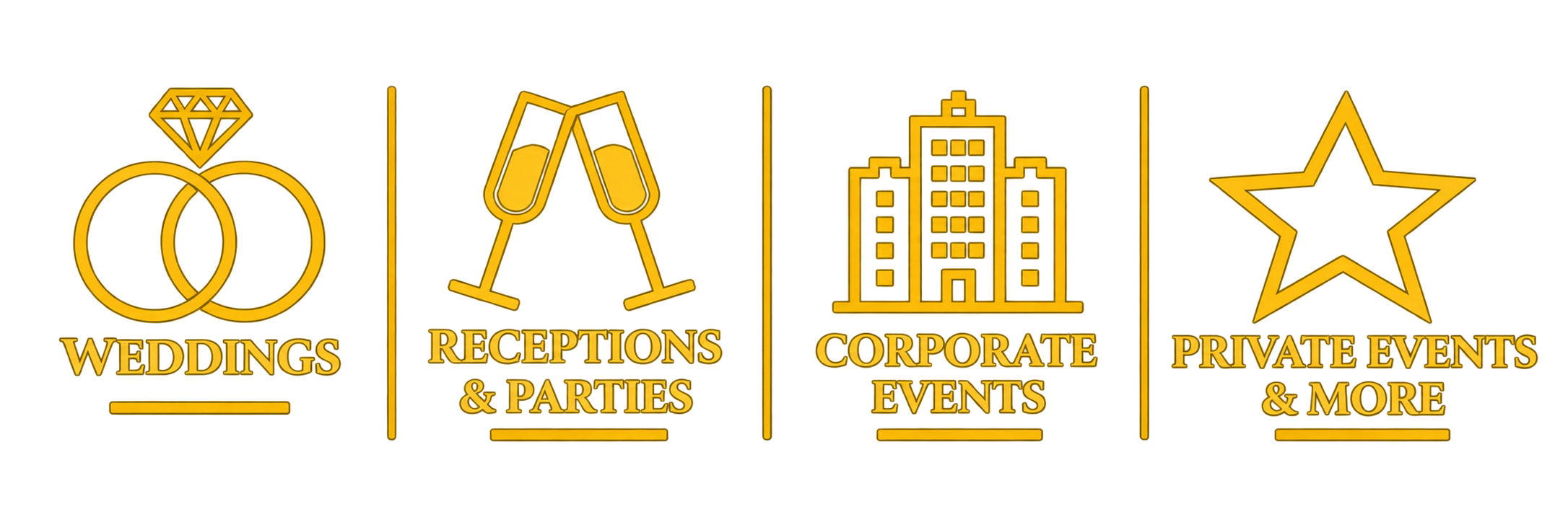 Golden icons with labels for weddings, receptions and parties, corporate events, and private events and more.