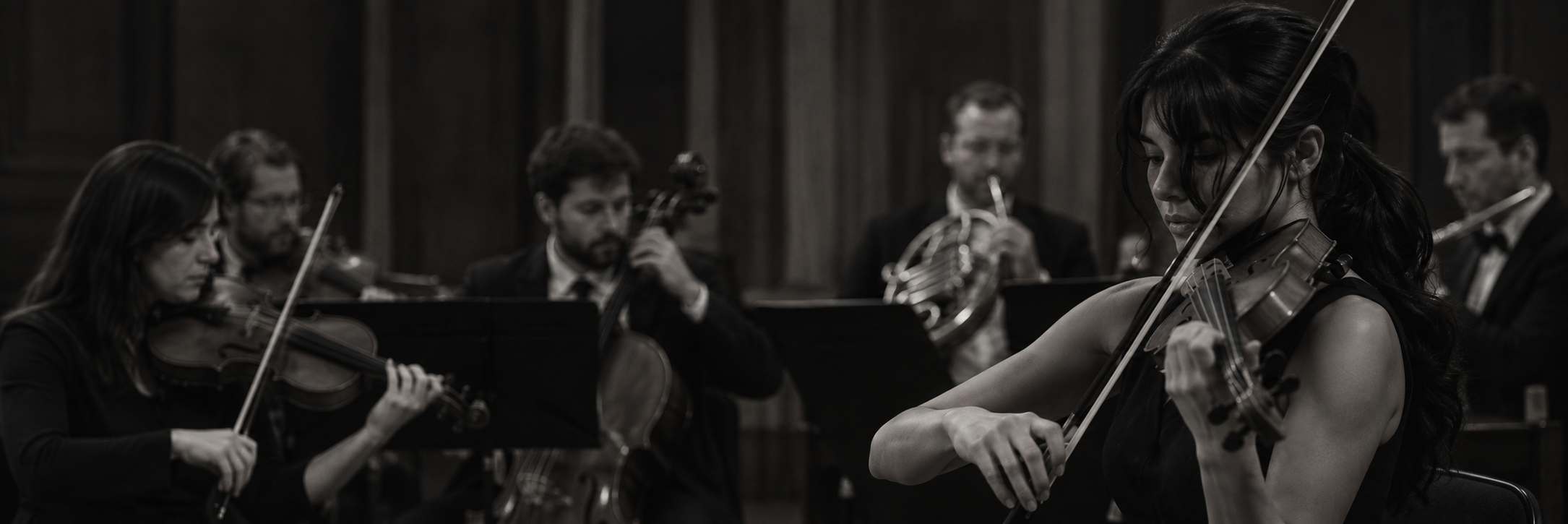 Orchestra members playing violins and a French horn in a concert hall.