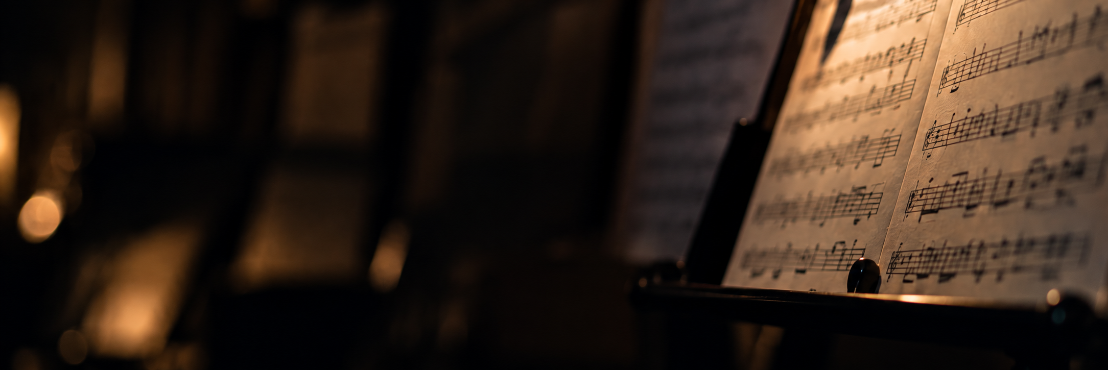 Close-up of sheet music on a music stand in a dimly lit setting.