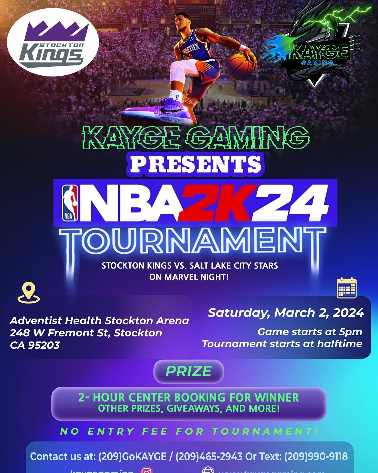 We are sooo excited that this Saturday March 2, we are hosting a 2K24 tournament during the Stockton Kings basketball game!! Winner gets a FREE booking at our Game Center. That&rsquo;s a $500 offer!! Time to Take Kontrol ☝🏿😎🎮 #kaygegaming #2k #sto