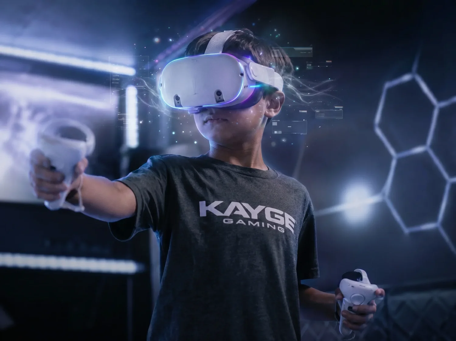 Player wearing a virtual reality headset and holding a controller