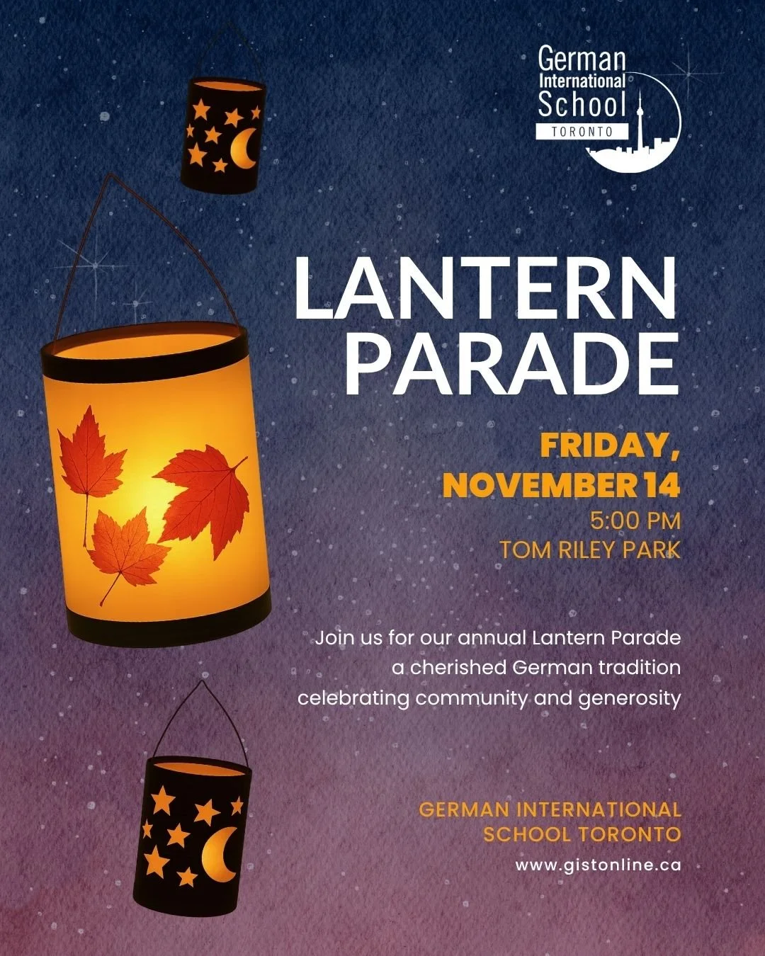 ✨ You&rsquo;re invited! ✨ Join us for our annual Lantern Parade on November 14 at 5:00pm. This is one of our most cherished traditions and a true German childhood classic!

With the glow of our lanterns, we will parade through Tom Riley Park and sing