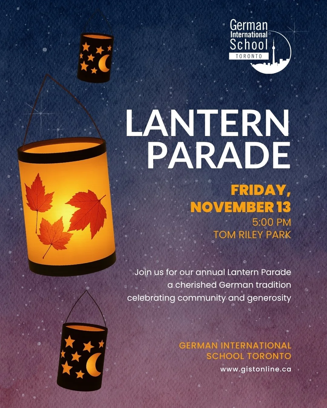 Join us for one of our most cherished traditions and a true German childhood classic - our annual Lantern Parade! ✨

We will meet in Tom Riley Park at 5:00 pm on Friday, November 13 and parade through the park guided by the glow of our lanterns, sing