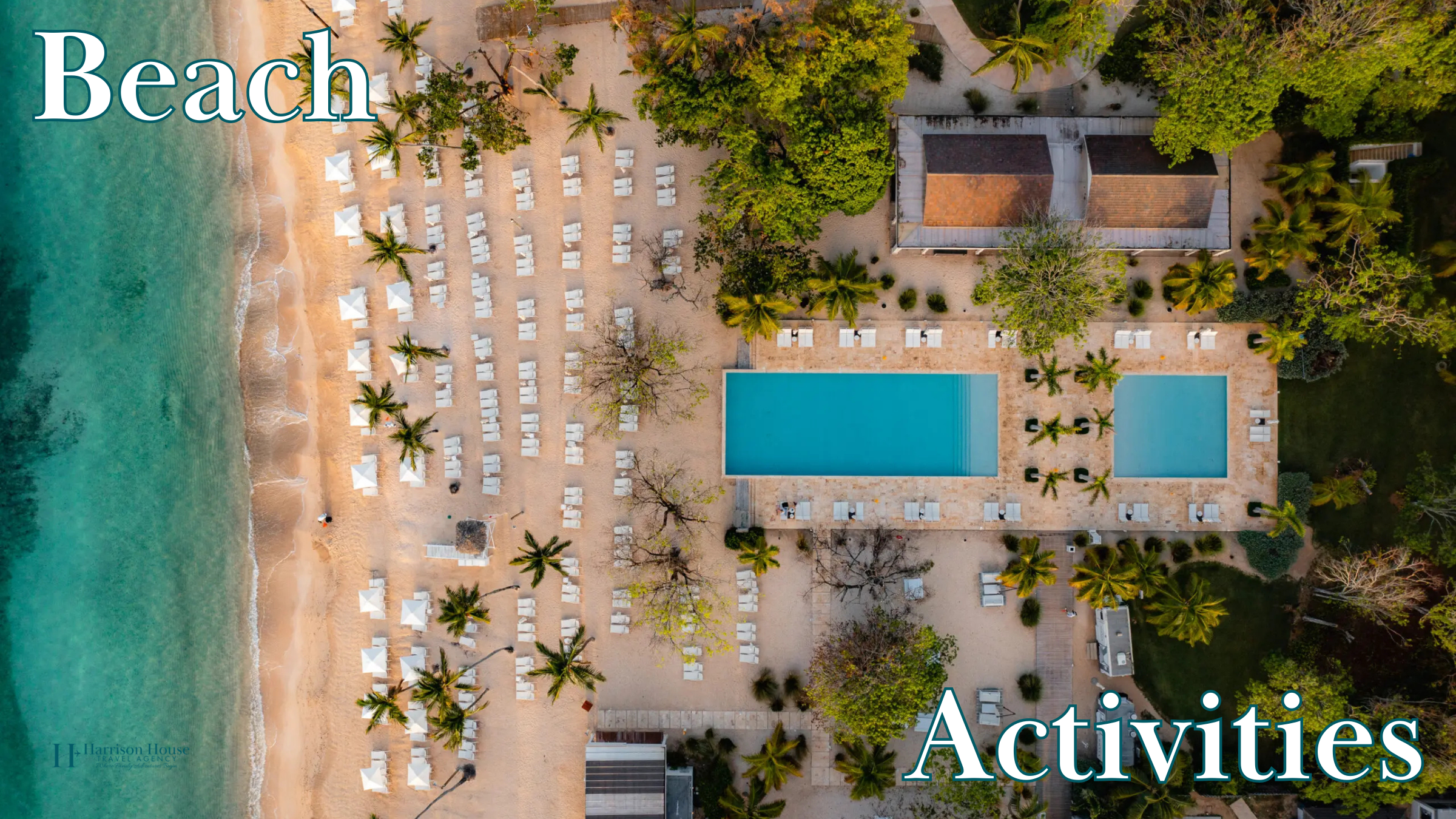Aerial view of Minitas Beach and water activities at Casa de Campo luxury resort in the Dominican Republic