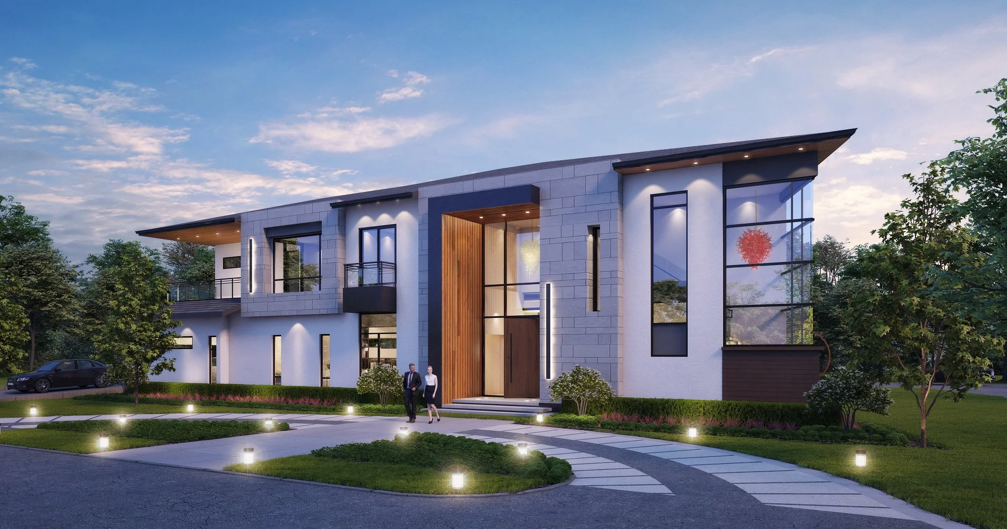 Modern two-story house with large glass windows, landscaped front yard, driveway, and two people walking near the entrance during dusk.