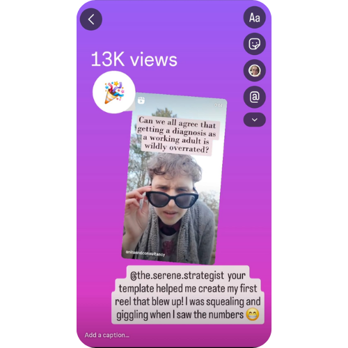 Screenshot of an Instagram story featuring a video of a young boy with curly hair, wearing glasses and a sweater, holding his glasses and smiling. There is a purple background with white text overlay about diagnosing issues in adults, and a caption mentioning a template that helped create their first reel, with an emoji.