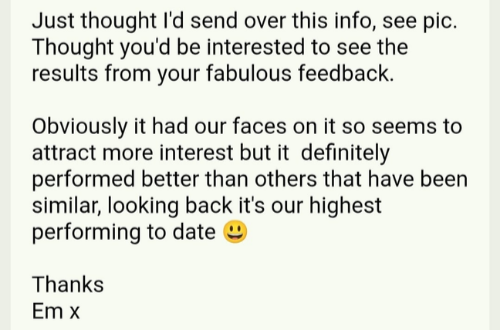 Screenshot of a text message discussing the results of a feedback, mentioning face attraction and performance, ending with thanks and a smiley face.