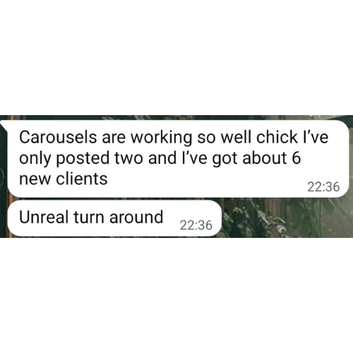 Screenshots of a messaging app conversations discussing successful carousel posts and new clients, with one message showing technical glitches or visual distortion.